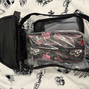 2 piece large Ed Hardy Black Cosmetic Case with Pink Rose & Skull Print